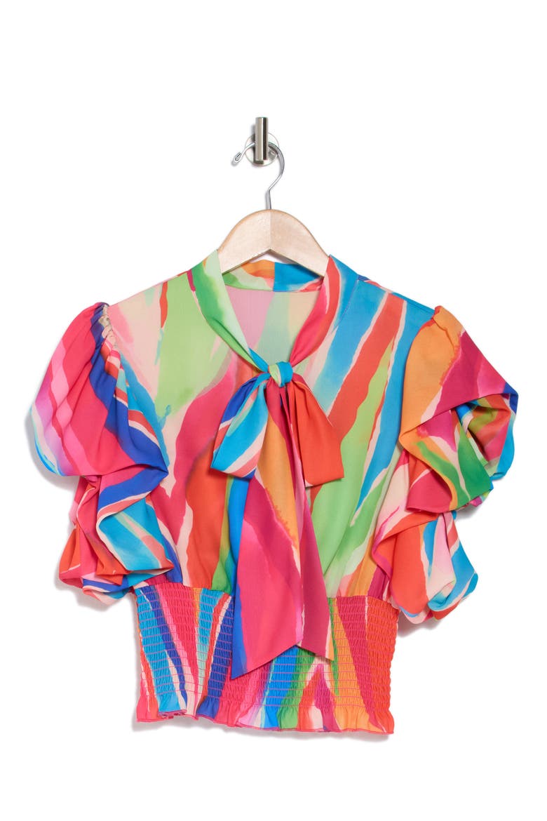 Dorothy Tie Neck Flutter Sleeve Crop Top, Alternate, color, COLOR MY WORLD