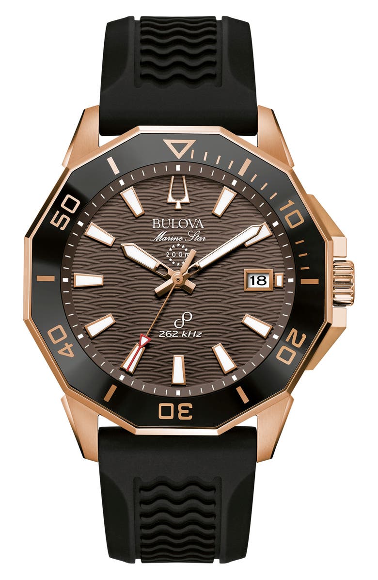 BULOVA Marine Star Precisionist Silicone Strap Watch, 43mm, Main, color, Black/ Brown