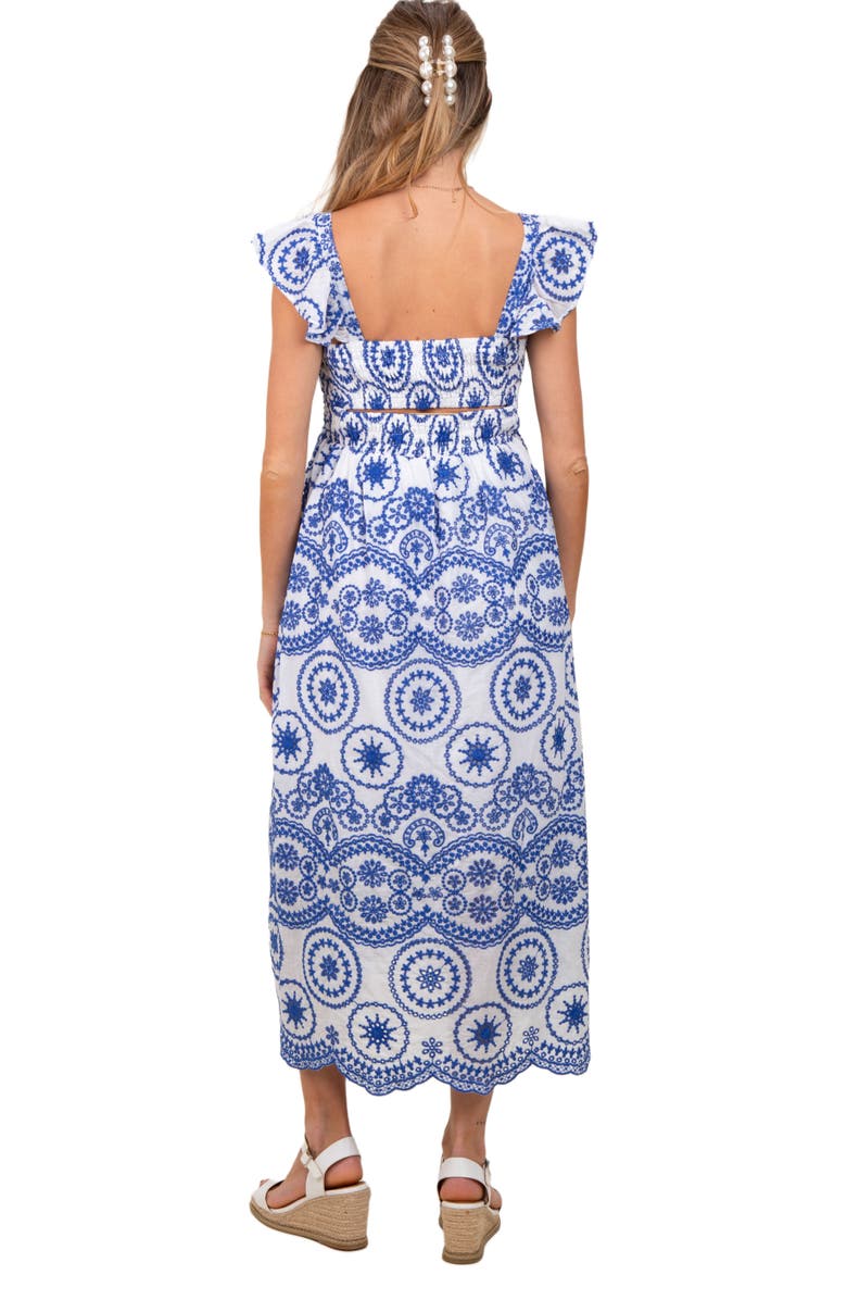 PinkBlush Embroidered Smocked Cutout Midi Dress, Alternate, color, Navy Blue