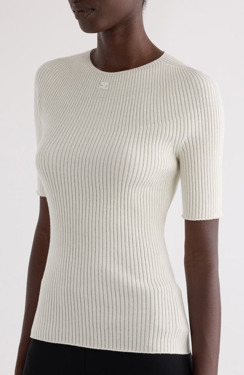 Courrèges Solar Light Short Sleeve Cotton & Merino Wool Rib Sweater, Alternate, color, Heritage White