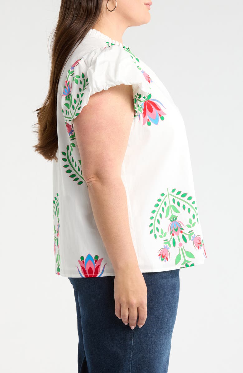 SUGARLIPS Keni Split Neck Floral Print Cotton Top, Alternate, color, White-Green-Multi