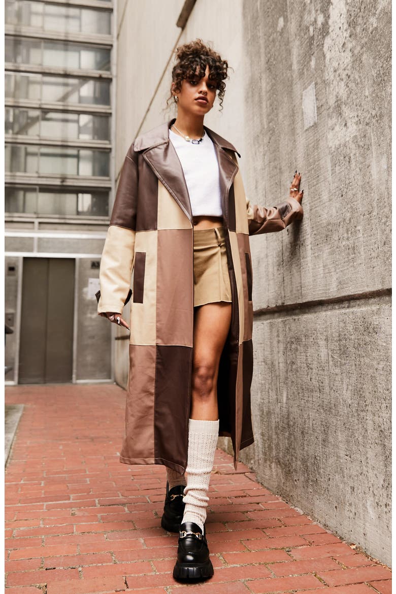 Patchwork Faux Leather Trench Coat, Main, color, BROWN