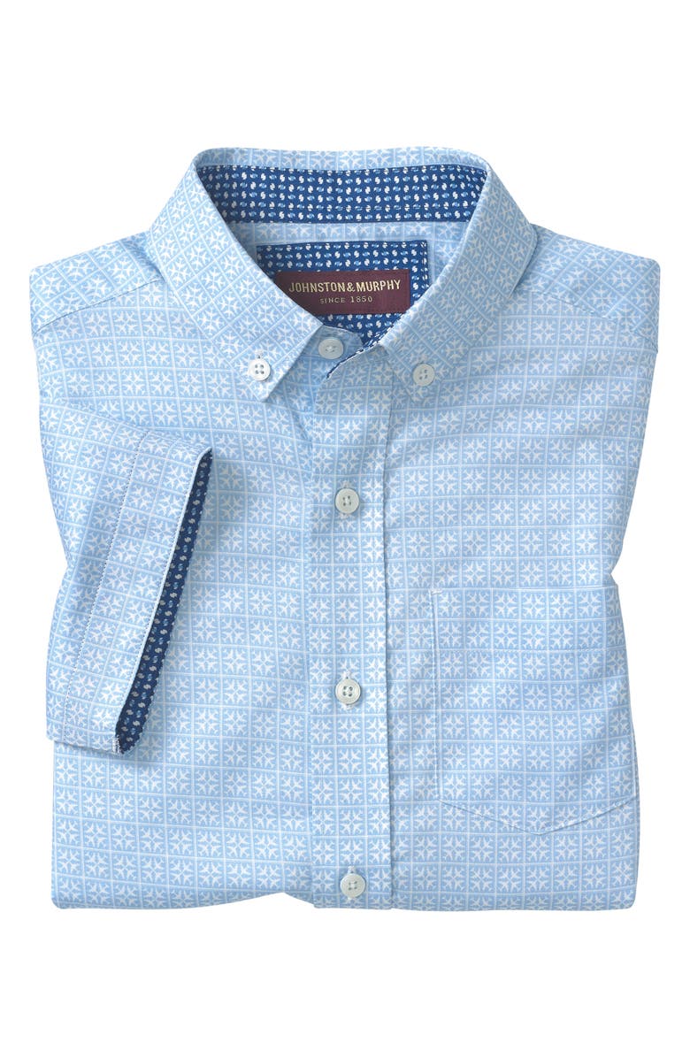 Johnston & Murphy Kids' Airplane Grid Short Sleeve Button-Up Shirt, Alternate, color, Sky Blue