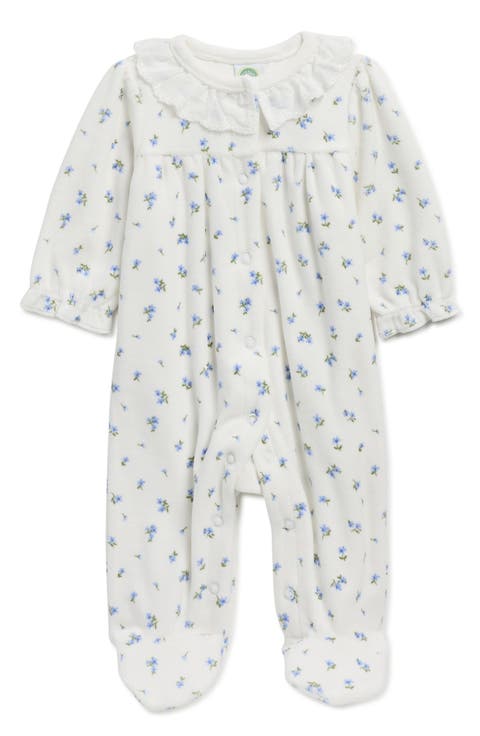Tiny Floral Lace Collar Velour Footie (Baby)