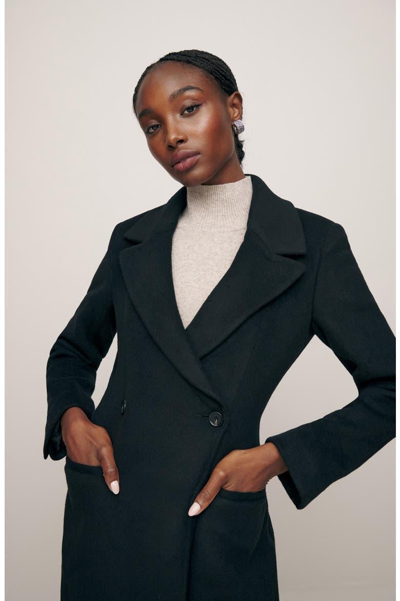 Oscar Nipped Waist Recycled Wool Blend Double Breasted Coat, Alternate, color, BLACK