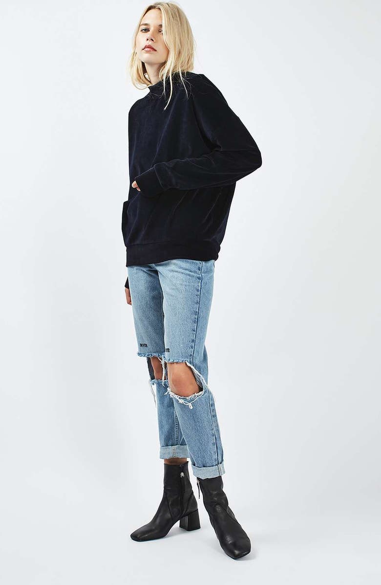 Topshop Embroidered Slogan Ripped Jeans, Alternate, color, 