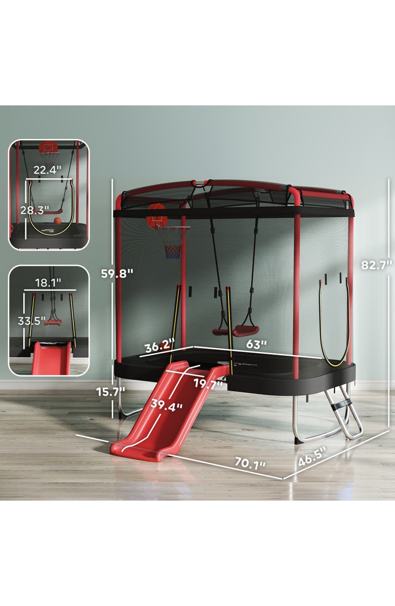 Qaba Kids Trampoline with Slide, Swing, Basketball Hoop and Safety Enclosure, Alternate, color, Red