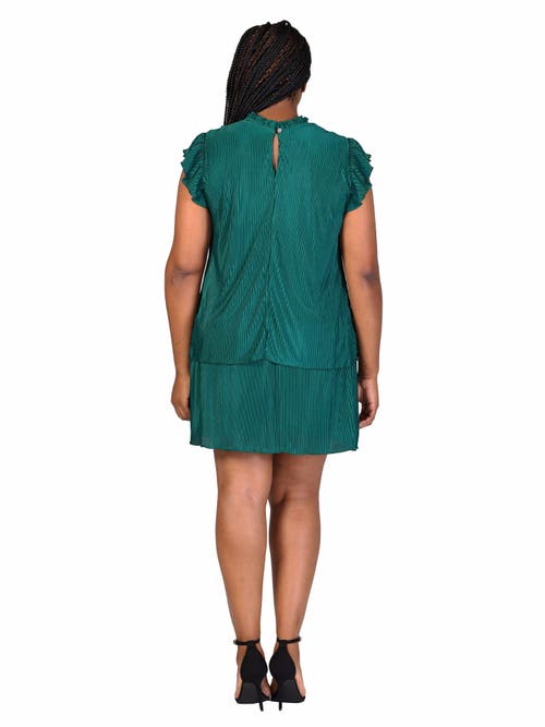 24seven Comfort Apparel Ruffle Cap Sleeve High Neck Pleated Tiered Mini Dress In Green