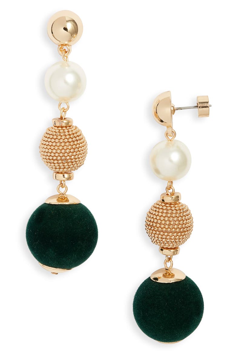 Orb Velvet & Faux Pearl Drop Earrings, Main, color, DARK GREEN- GOLD