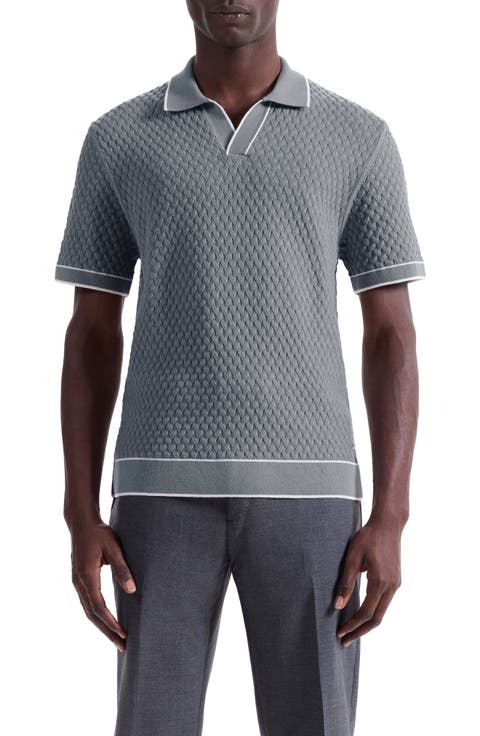 Johnny Collar Basket Stitch Cotton Blend Polo Sweater