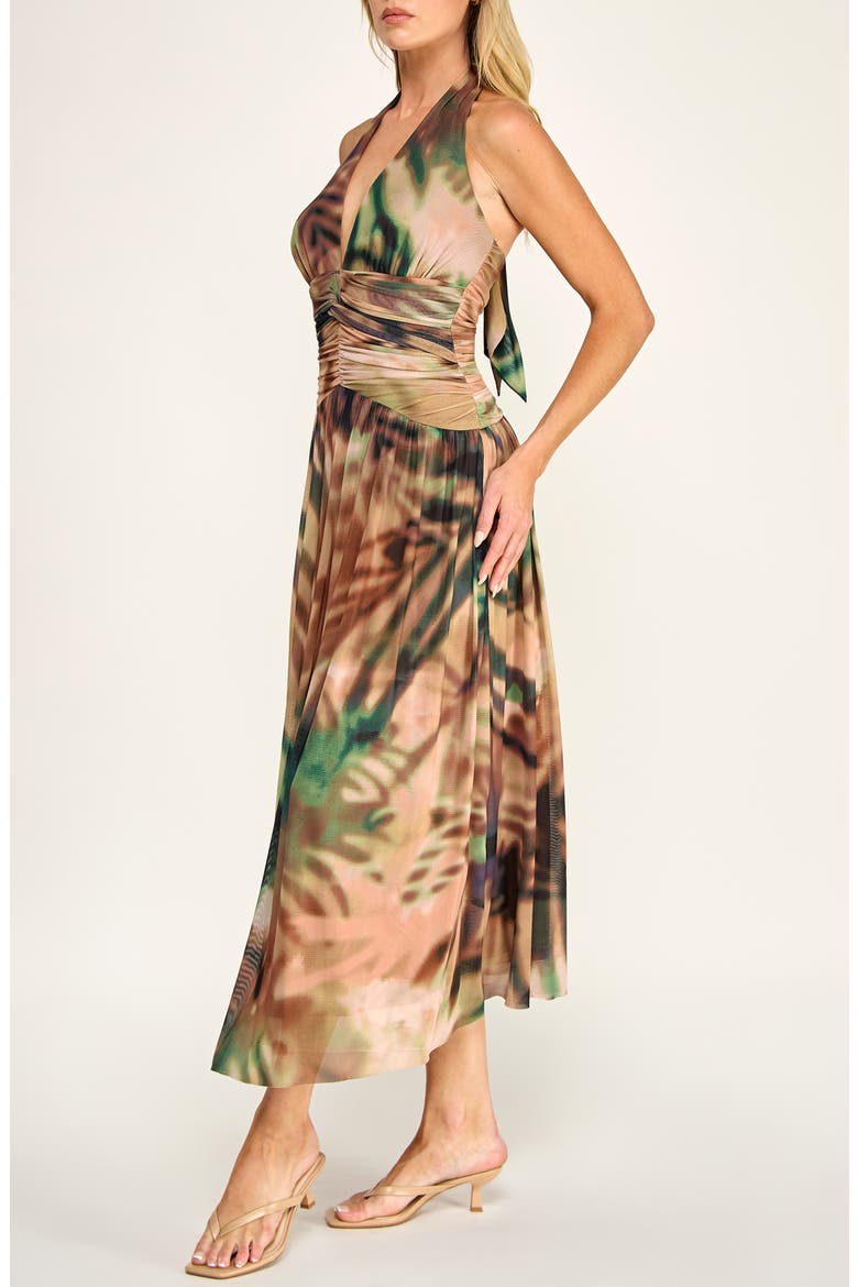 Abstract Print Mesh Halter Dress, Alternate, color, TAN/ GREEN