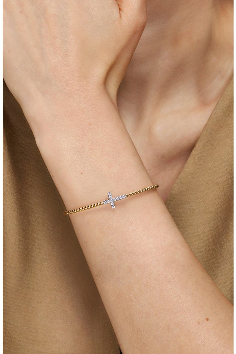 Diamond Cross Beaded Cuff Bracelet, Alternate, color, 14K YELLOW/ WHITE GOLD