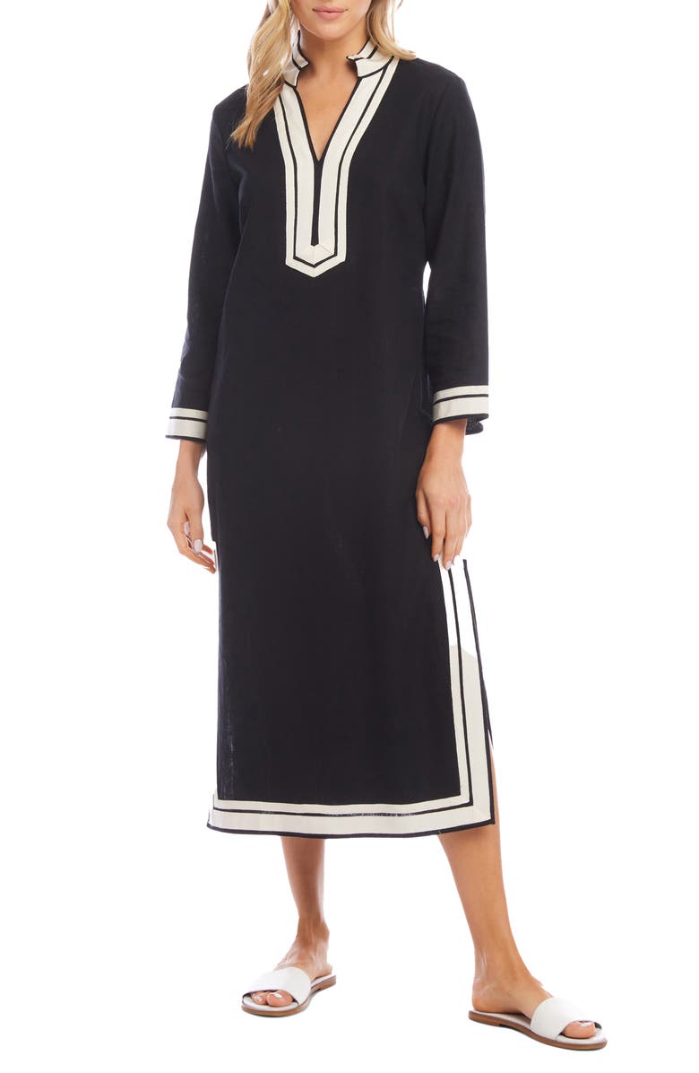 Karen Kane The St. Tropez Long Sleeve Linen Blend Midi Dress, Main, color, Black/ Cream