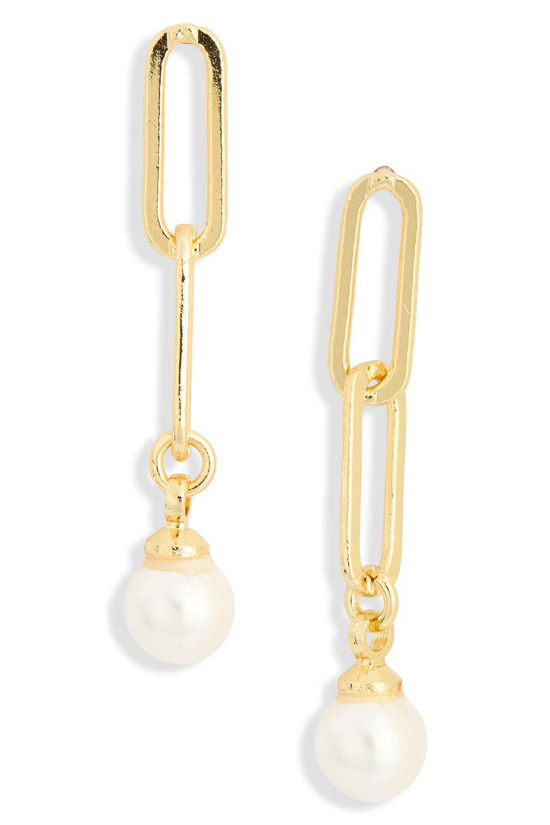 Demi Fine Faux Pearl Paperclip Link Earrings, Main, color, WHITE- GOLD