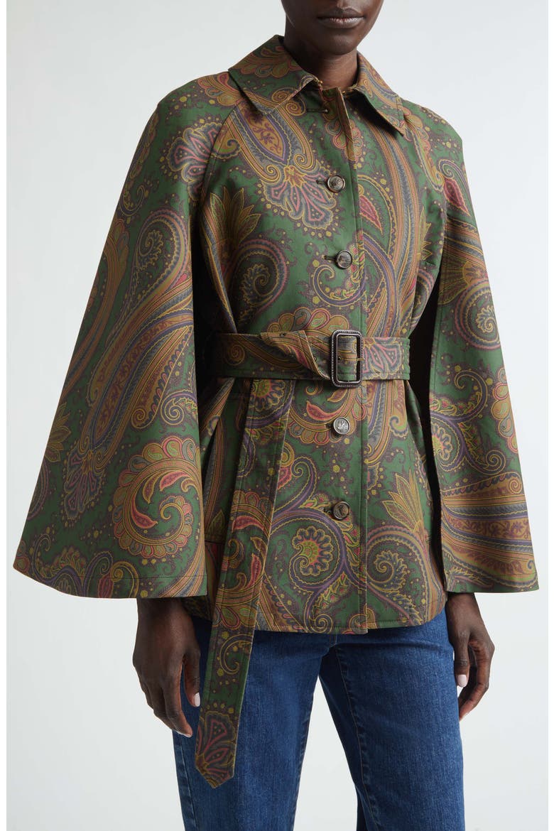 Belted Paisley Gabardine Cape, Main, color, GREEN