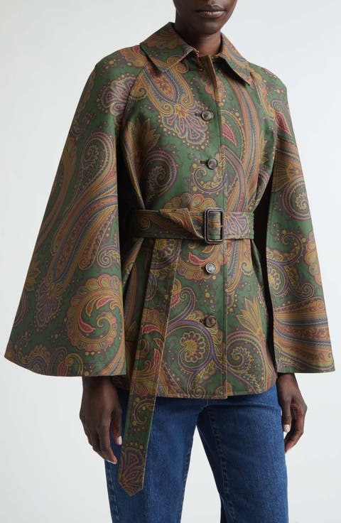 Belted Paisley Gabardine Cape