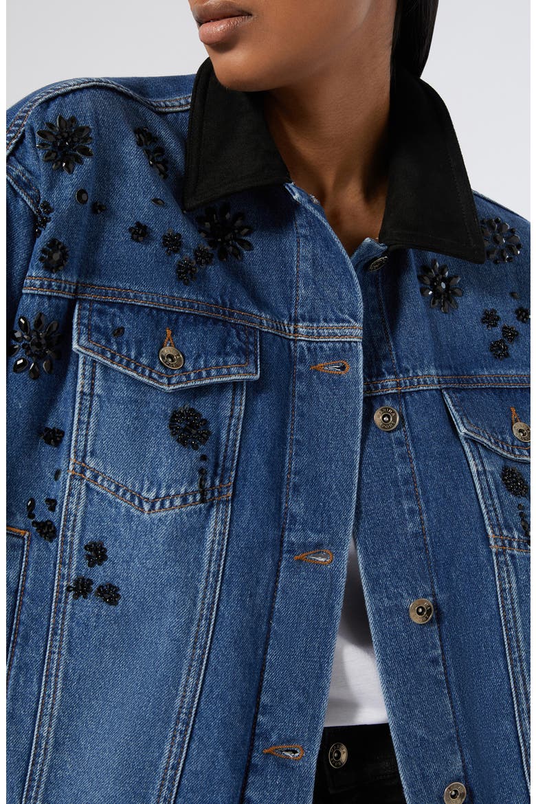Quiete Rhinestone Detail Denim Trucker Jacket, Alternate, color, NAVY