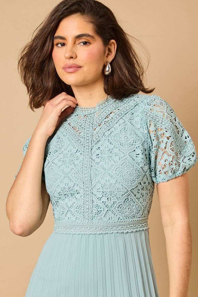 Lace Puff Sleeve Pleated Midi Dress, Alternate, color, Light Blue