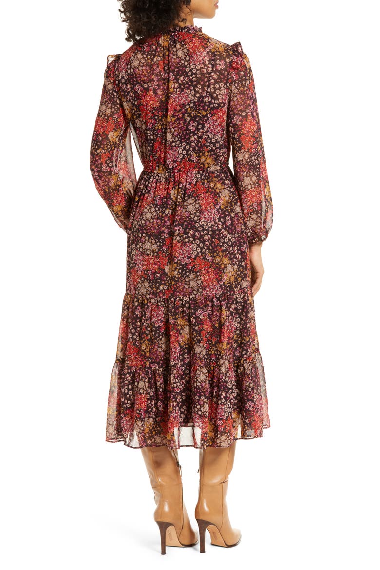 Floral Print Long Sleeve Tiered Midi Dress, Alternate, color, BROWN MULTI