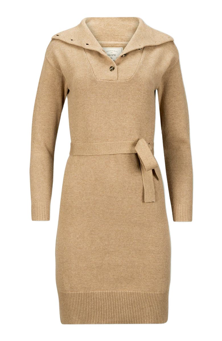 Hope & Henry Women's Organic Wide Collar Belted Sweater Dress, Alternate, color, Camel Heather