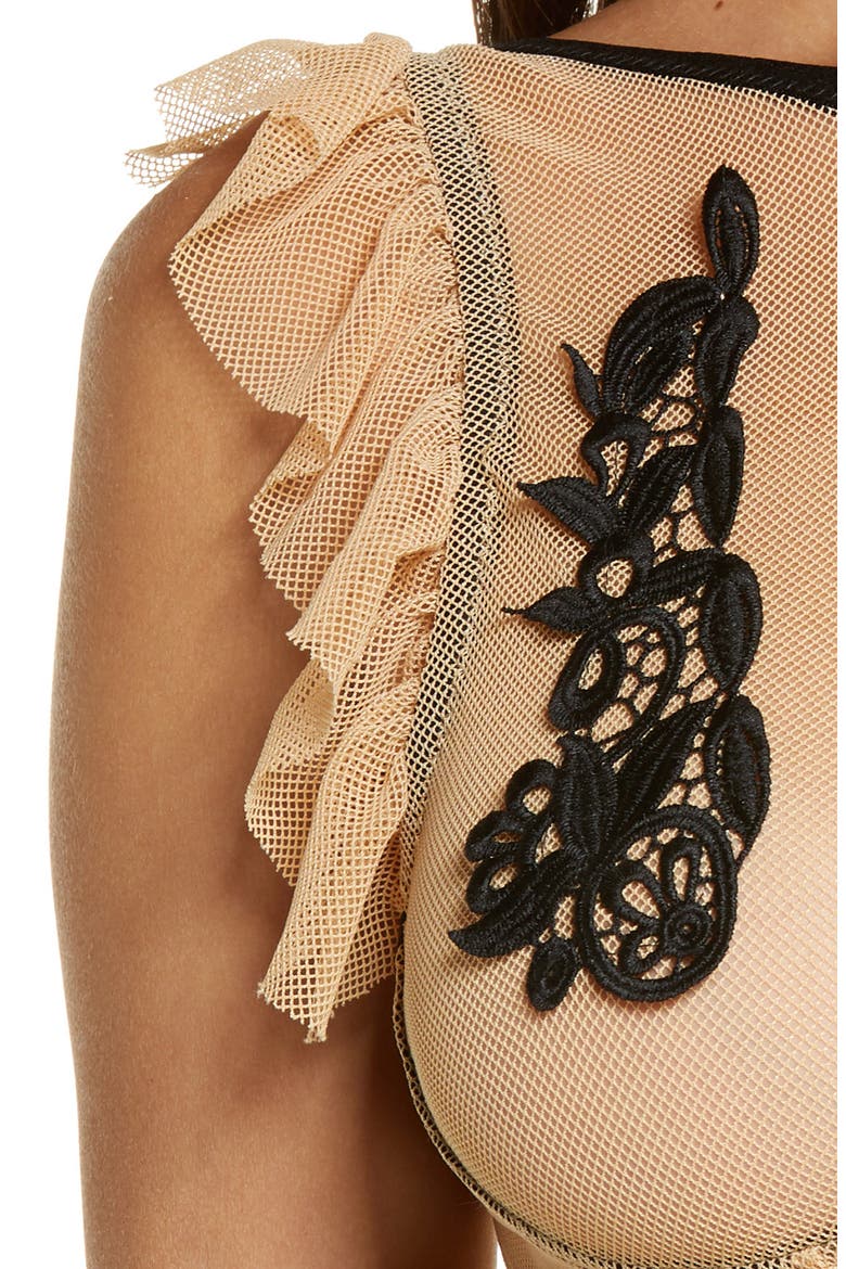 Ruffle Trim Mesh Bralette & Skirt Set, Alternate, color, NUDE-BLACK