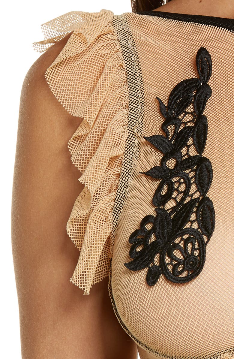 Hauty Ruffle Trim Mesh Bralette & Skirt Set, Alternate, color, 