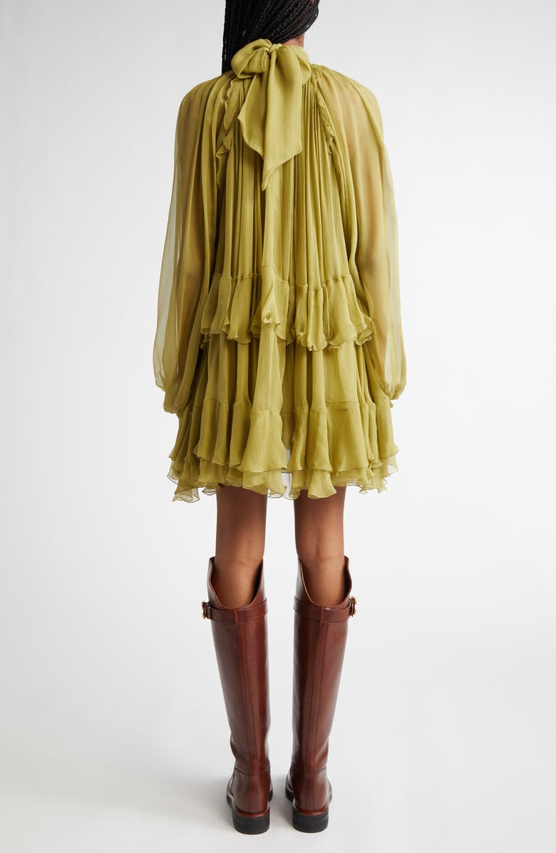 Tiered Ruffle Semisheer Long Sleeve Silk Top
