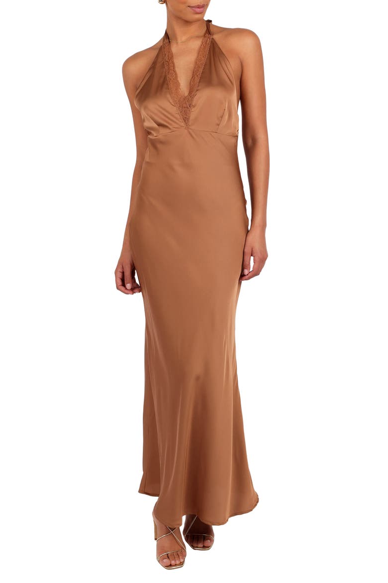 Kalina Lace Trim Halter Satin Maxi Dress, Main, color, BRONZE