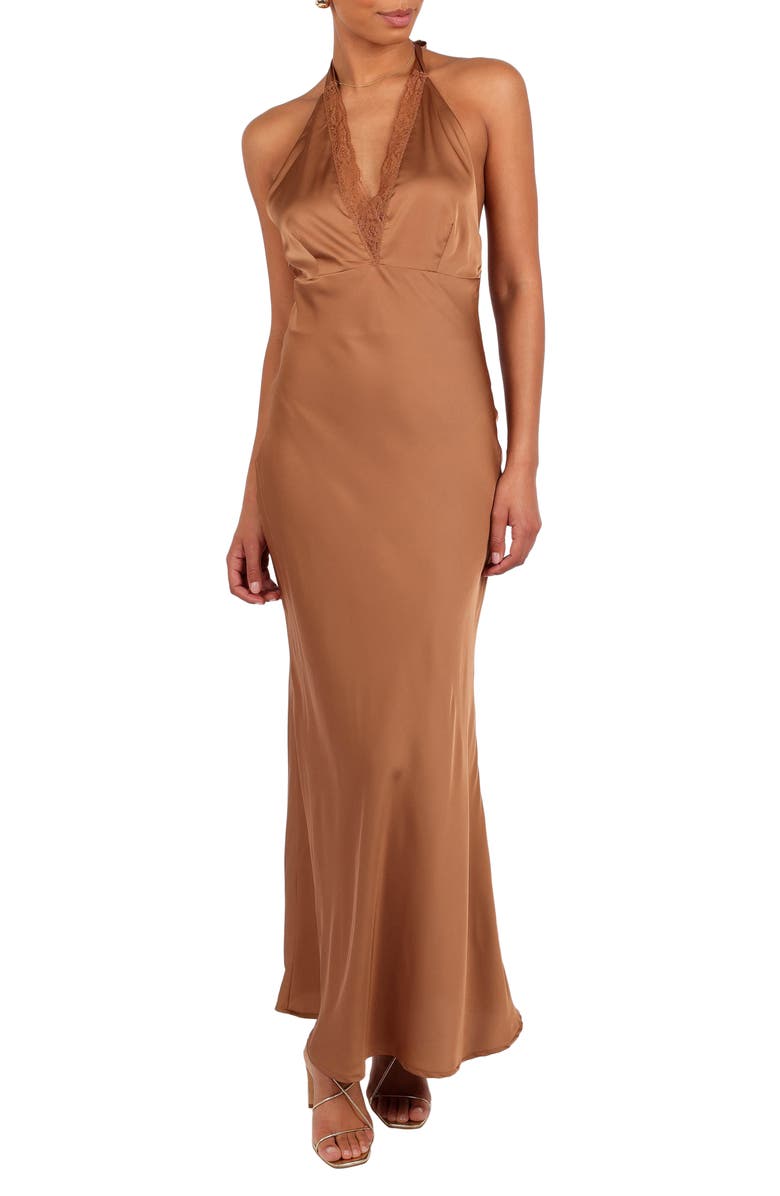Petal & Pup Kalina Lace Trim Halter Satin Maxi Dress, Main, color, Bronze