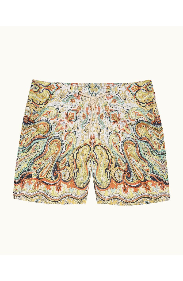 Orlebar Brown Bulldog Drawcord Mid-Length Classic Fit Drawcord Swim Shorts with Fairground Print, Main, color, Multi/Vermillion