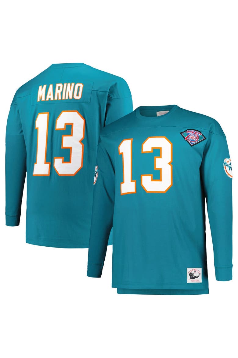 Men's Mitchell & Ness Dan Marino Aqua Miami Dolphins Big & Tall Cut & Sew Player Name & Number Long Sleeve T-Shirt, Main, color, Aqua