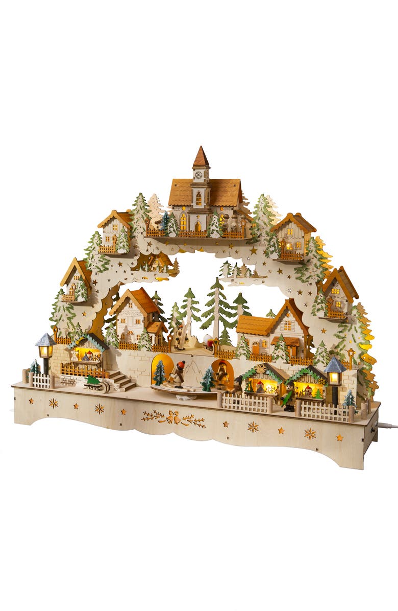 Balsam Hill Lit Wooden Animated Swiss Alps Village, Main, color, Natural