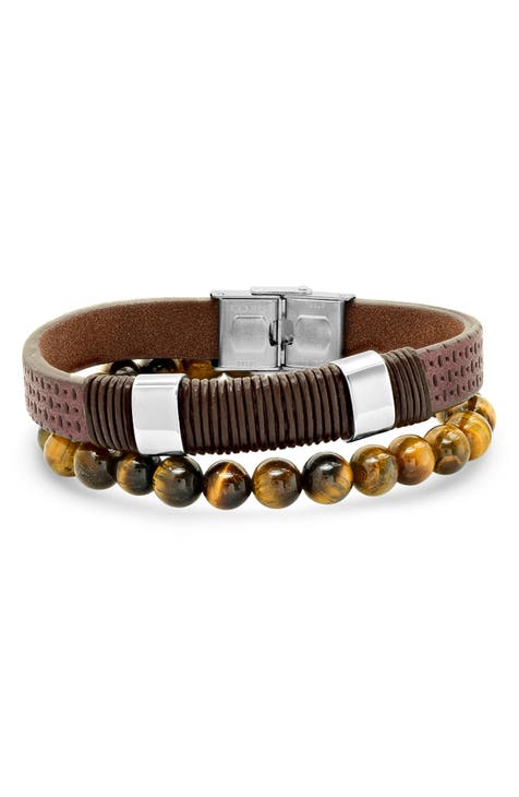 Men's 2-Piece Leather & Tiger's Eye Beaded Bracelets