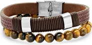 HMY JEWELRY Men's 2-Piece Leather & Tiger's Eye Beaded Bracelets