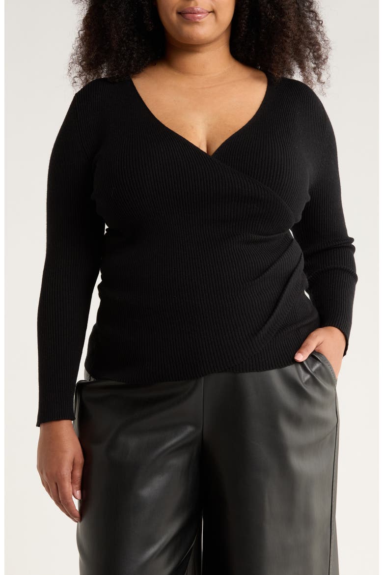 Faux Wrap Knit Sweater, Main, color, BLACK/BLACK