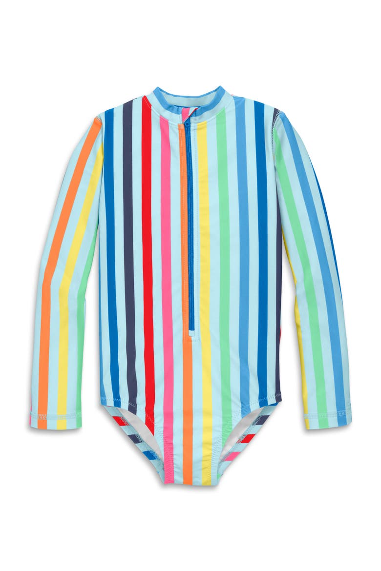 Kids Long Sleeve One-Piece Rash Guard In Rainbow Sky Stripe, Main, color, Mist Spring Stripe