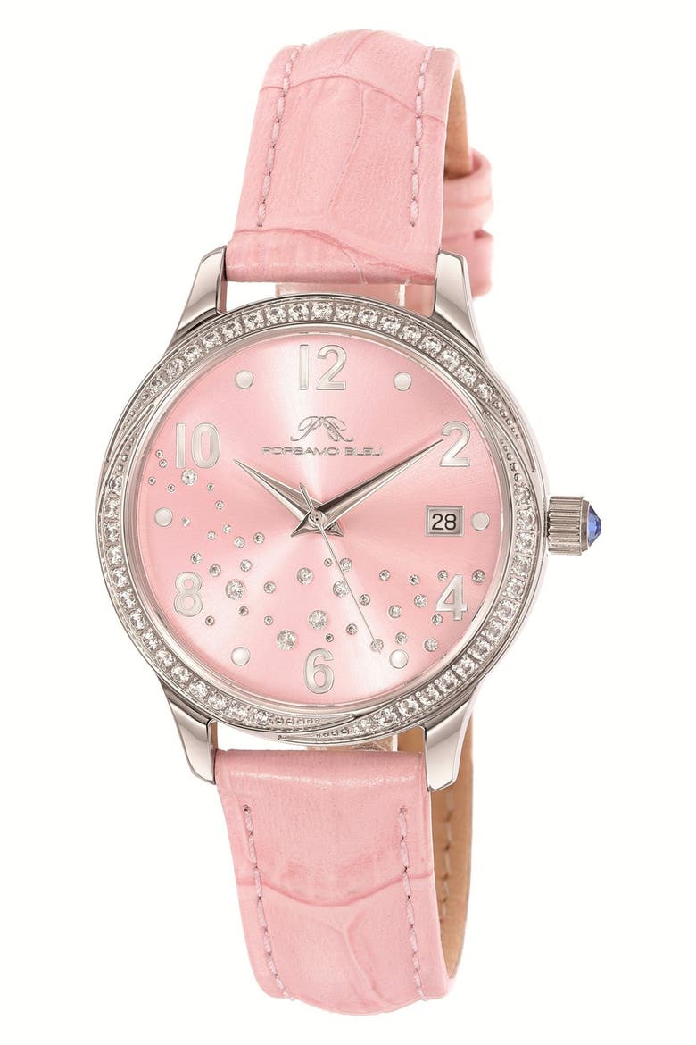 Women's Ruby Embossed Leather Strap Watch, 34mm, Main, color, PINK/SILVER