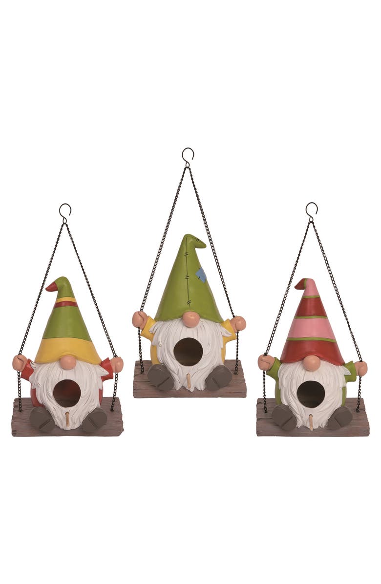 Transpac 8 Inch Multi Spring Gnome Swing Birdhouse Polyresin Decorative Home for Birds and Insects, Main, color, Multicolored