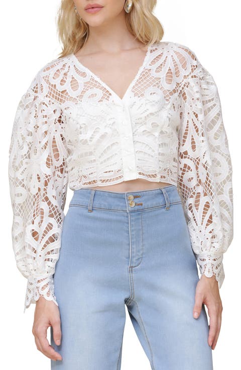 Lace Puff Sleeve Crop Shirt