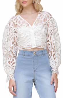 Avec Les Filles Lace Puff Sleeve Crop Shirt
