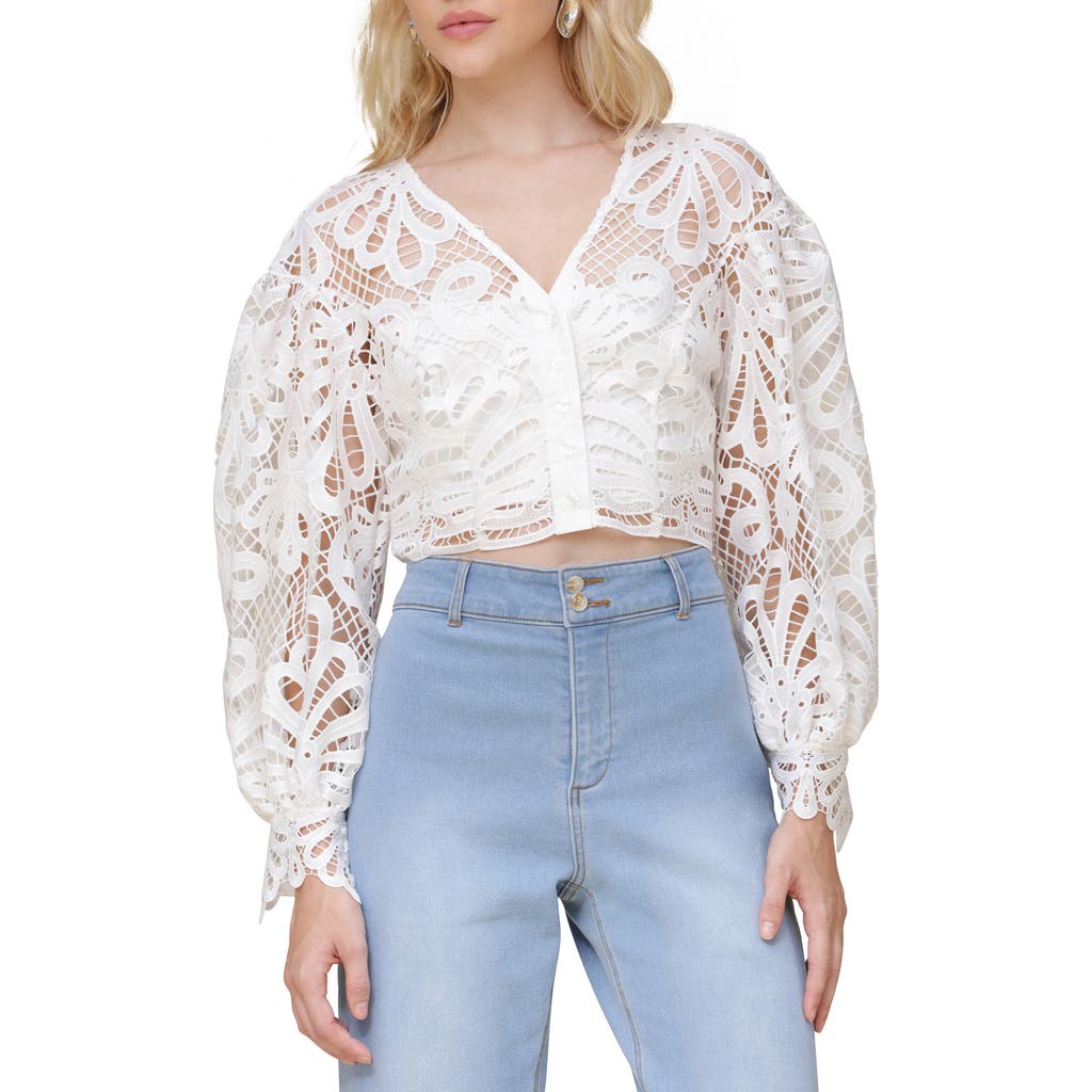 Shop Avec Les Filles Lace Puff Sleeve Crop Shirt In White