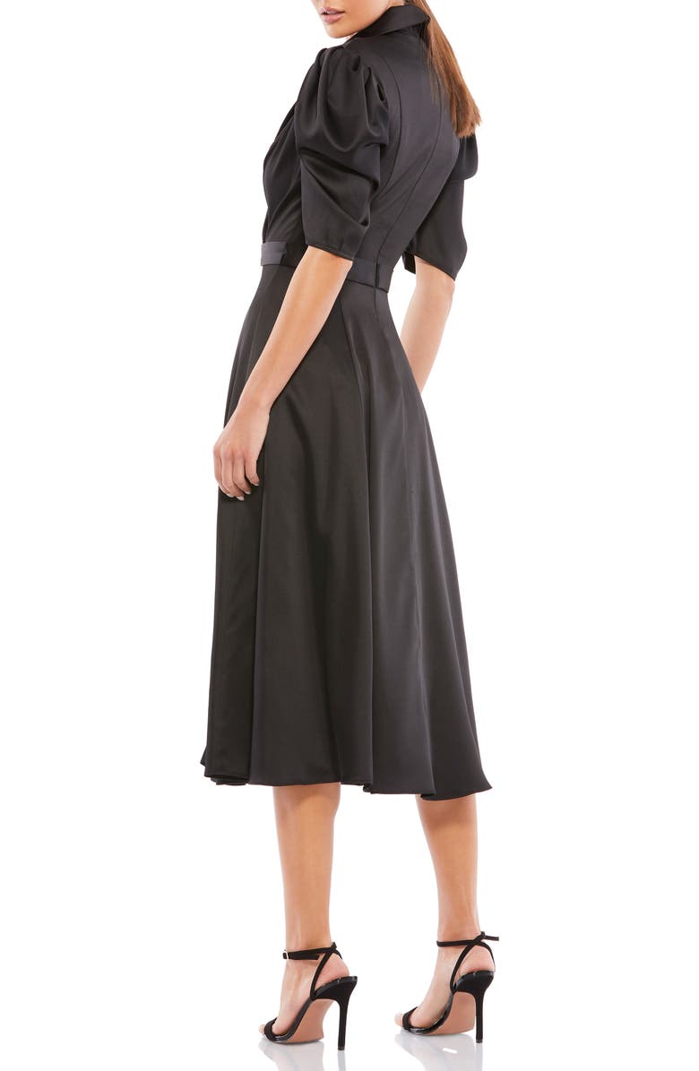 Mac Duggal Satin Lapel Puff Sleeve Tea Length Dress, Alternate, color, Black