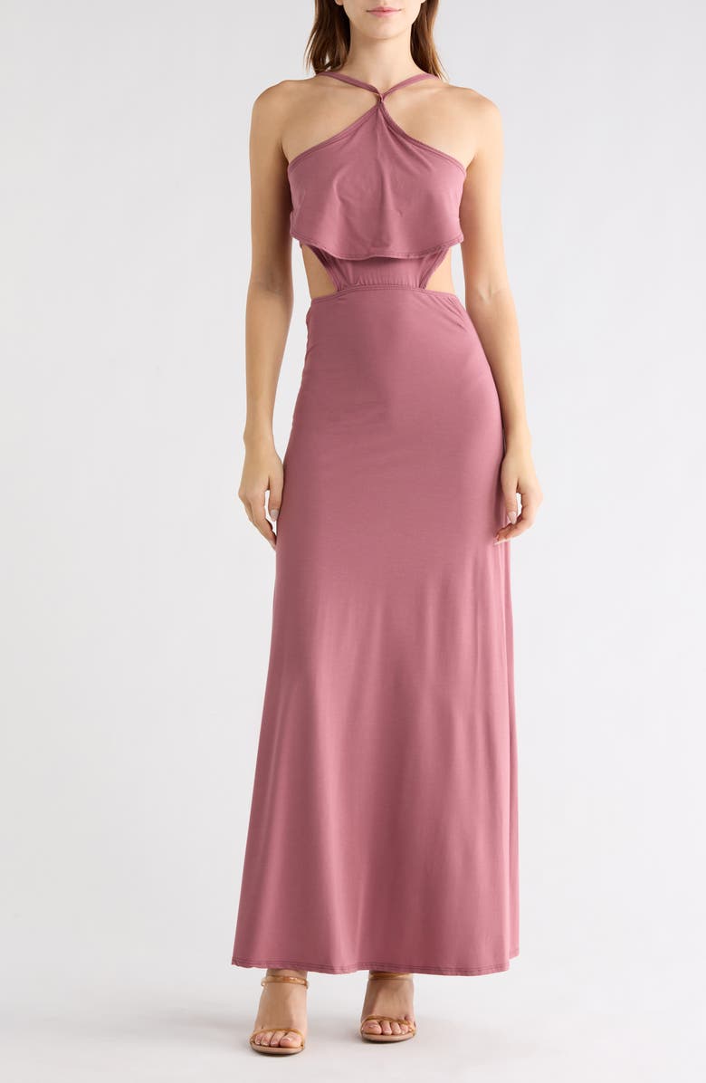 GO COUTURE Cutout Maxi Halter Dress, Main, color, Dark Mauve Ponte