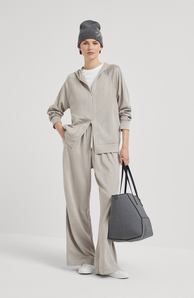 Brunello Cucinelli Comfort cotton and silk interlock wide trousers with precious stripe, Alternate, color, 