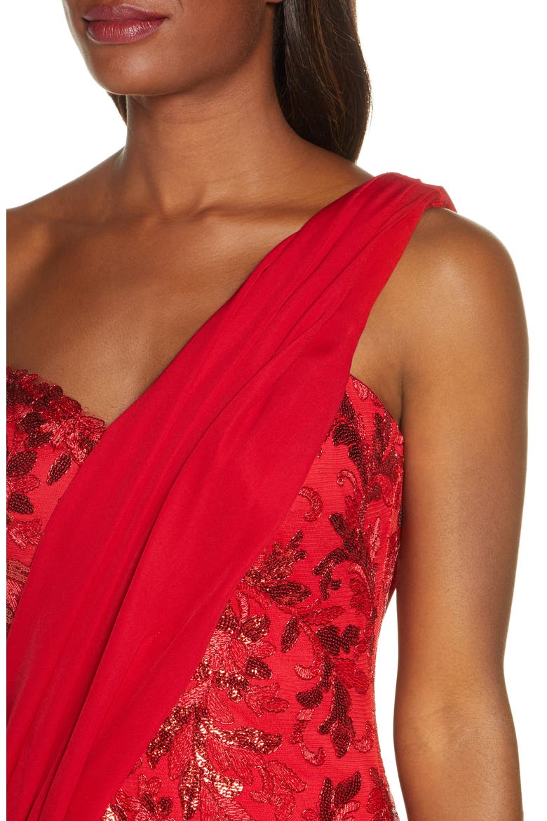 One-Shoulder Sequin Lace & Crepe Gown, Alternate, color, FLAME