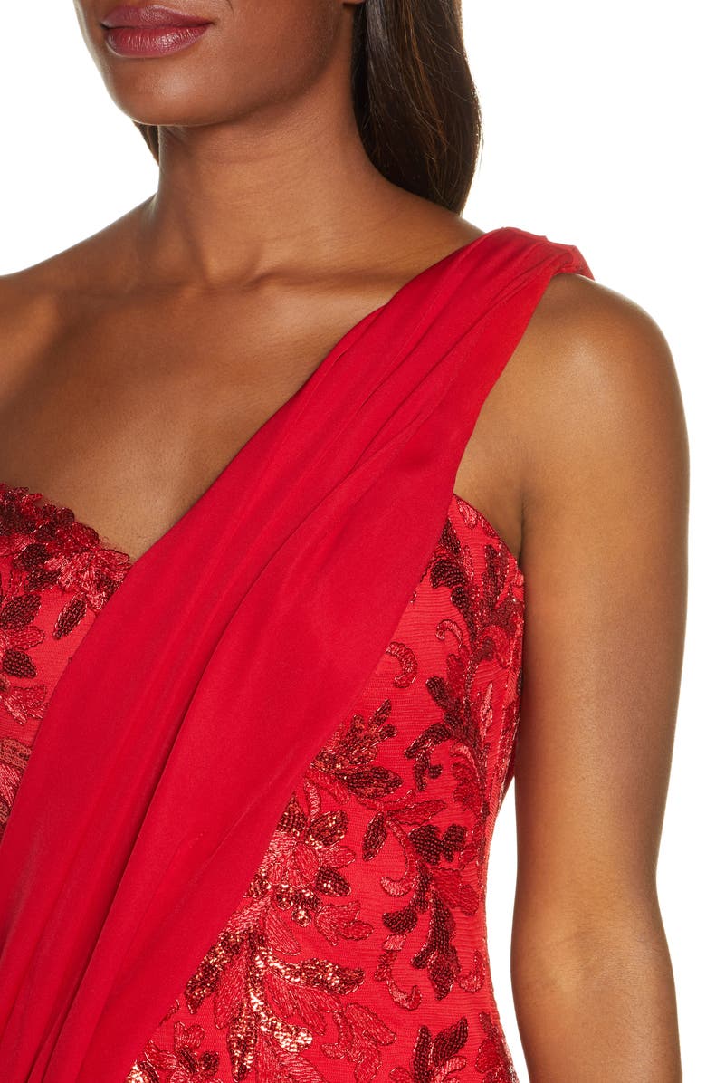 Tadashi Shoji One-Shoulder Sequin Lace & Crepe Gown, Alternate, color,