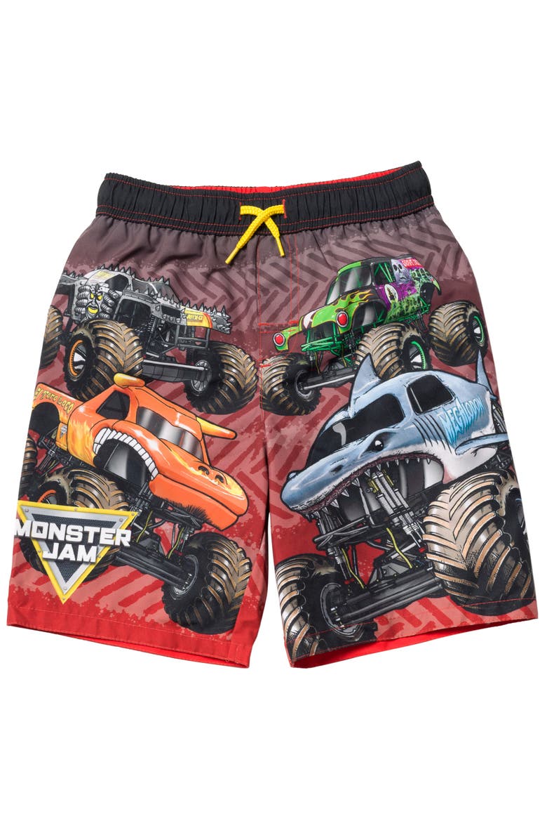 Monster Jam Swimwear Swim Trunks, Main, color, Black Red Tread