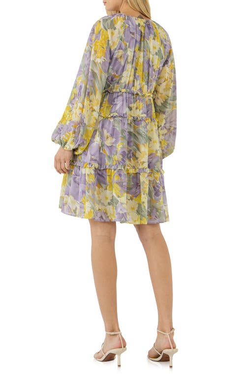 Free The Roses Voluminous Flowy Floral Print Long Sleeve Minidress In Purple Multi