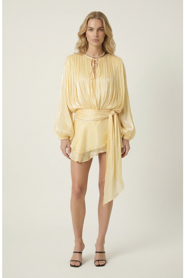 Pleated Long Sleeve Mini Dress with Tie Waist and Keyhole Neck, Main, color, Pale Yellow