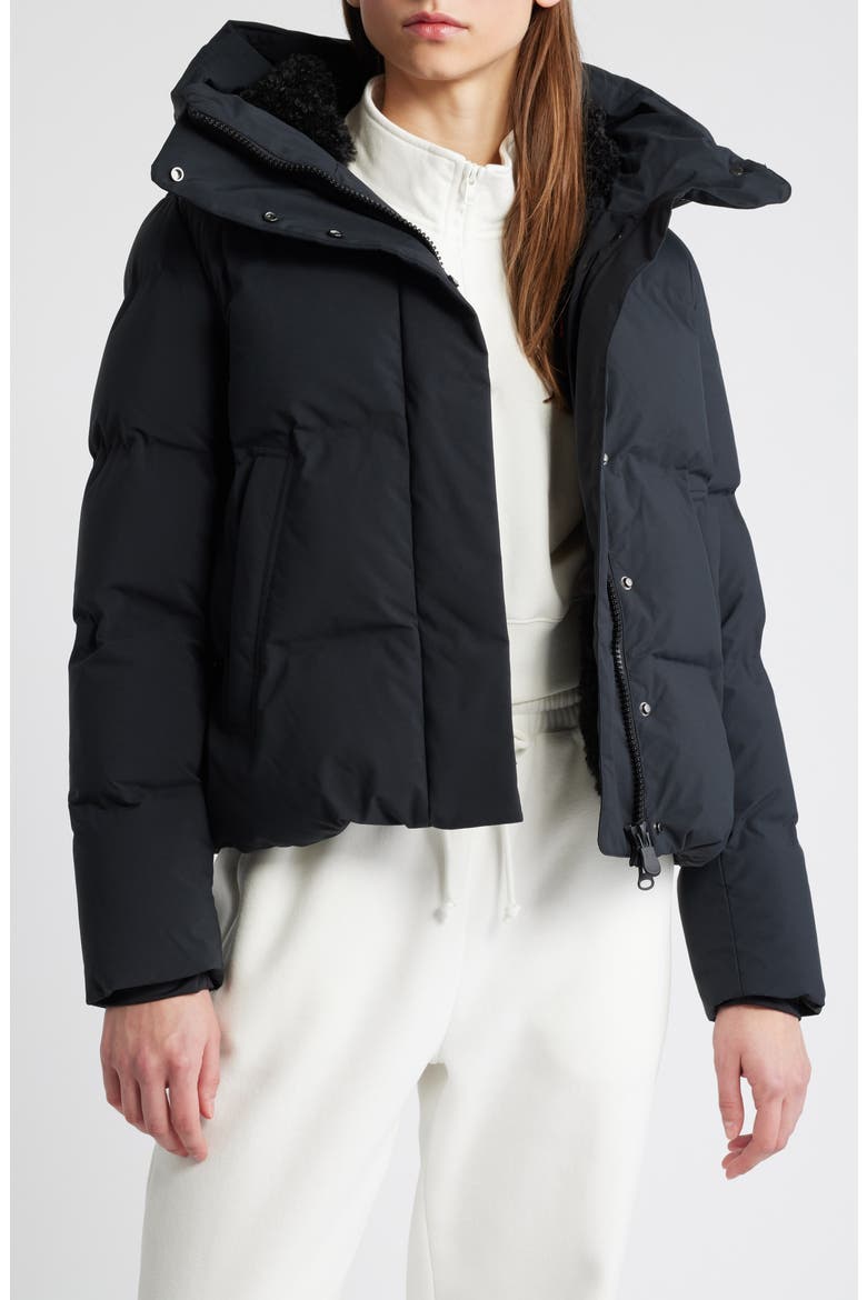 Calliope Water Resistant Faux Shearling Trim Puffer Jacket, Alternate, color, BLACK